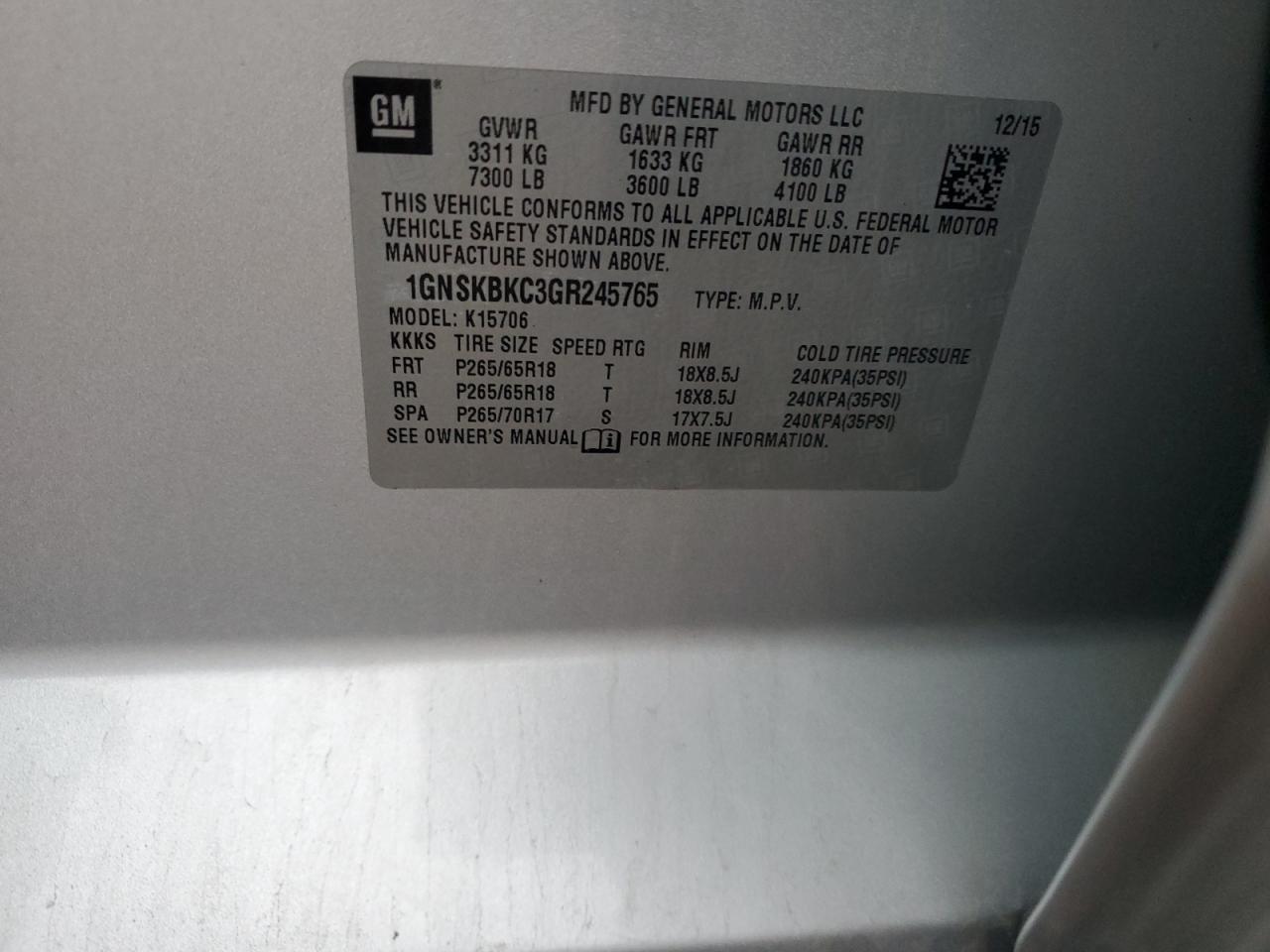 Lot #3315932097 2016 CHEVROLET TAHOE K150