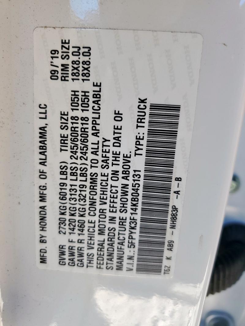 2019 HONDA RIDGELINE - 5FPYK3F14KB045131