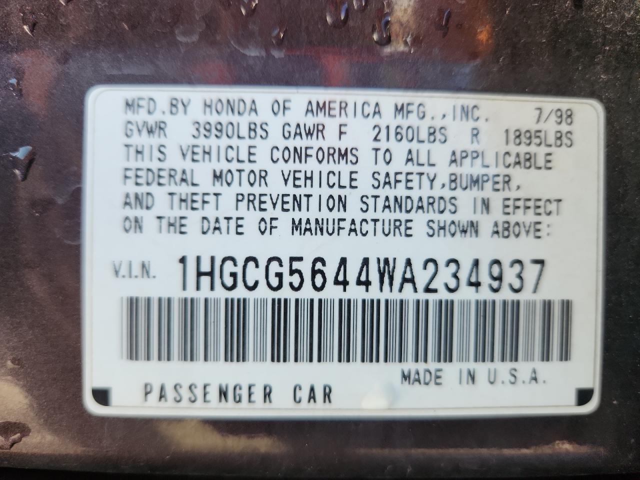 Lot #3286928214 1998 HONDA ACCORD LX