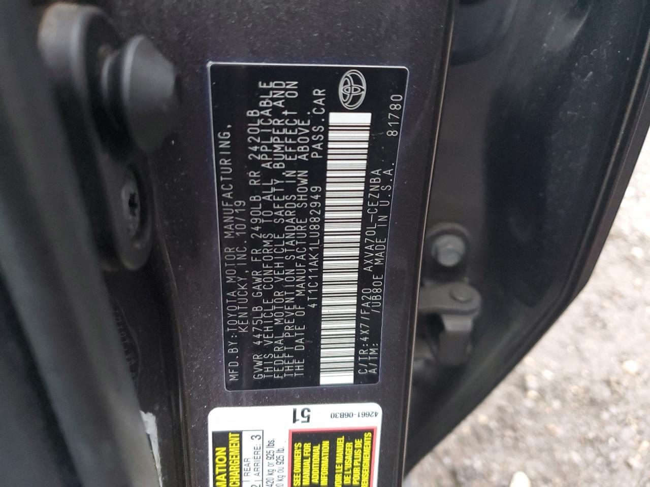 Lot #3301607632 2020 TOYOTA CAMRY LE