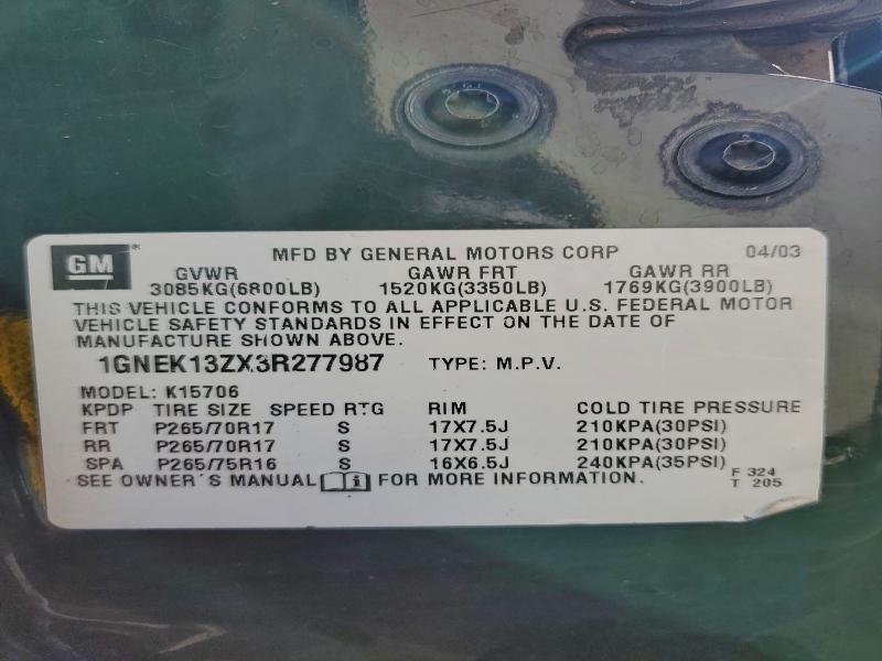 2003 CHEVROLET TAHOE K150 #3312599181