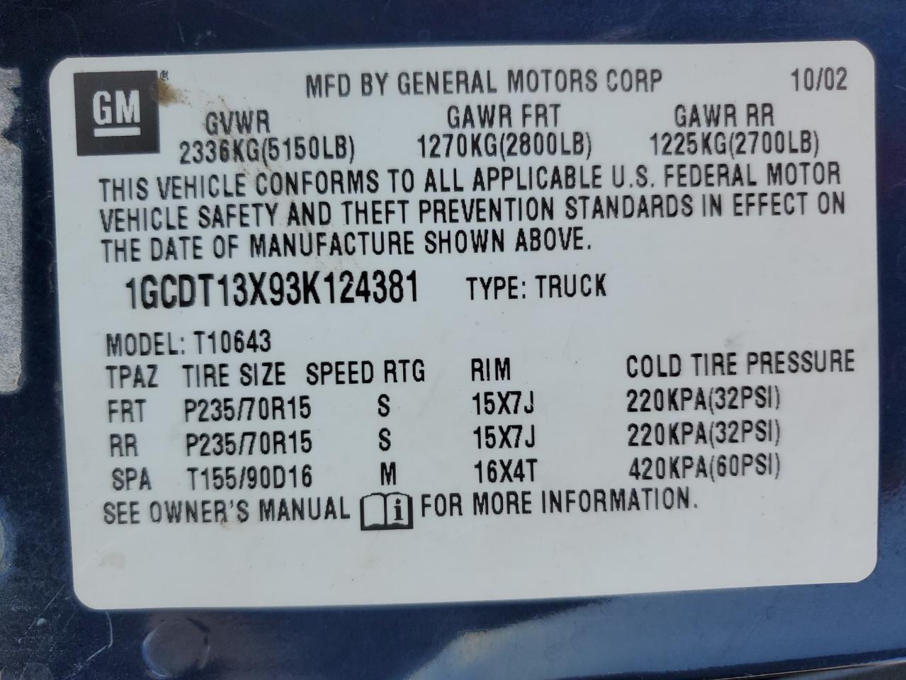 Lot #3311445336 2003 CHEVROLET S TRUCK S1