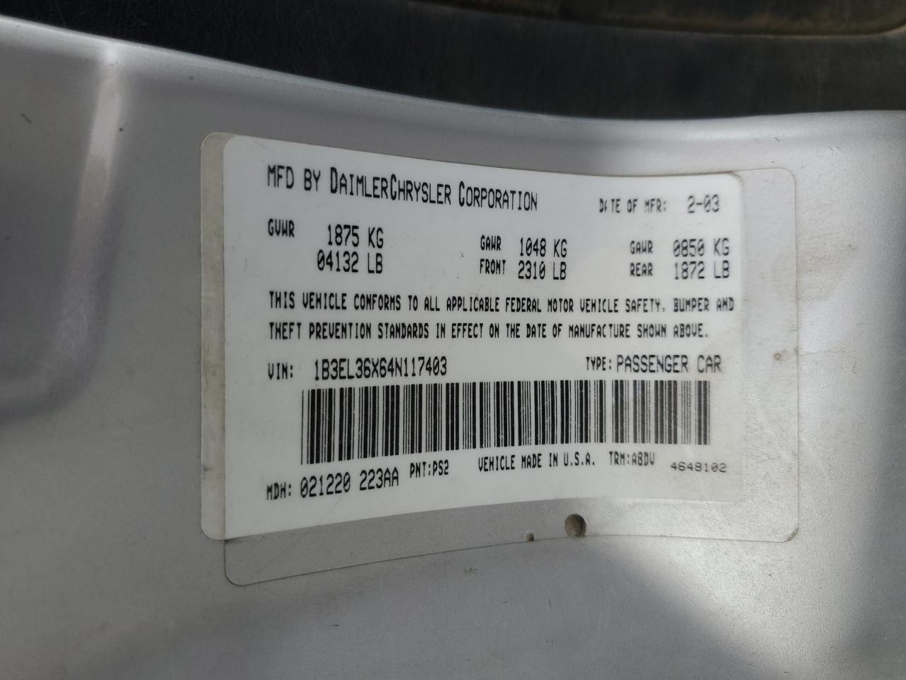 Lot #3311762277 2004 DODGE STRATUS