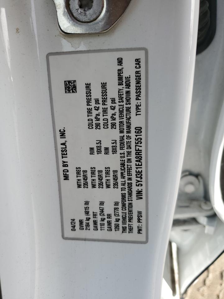 Lot #3284609338 2024 TESLA MODEL 3