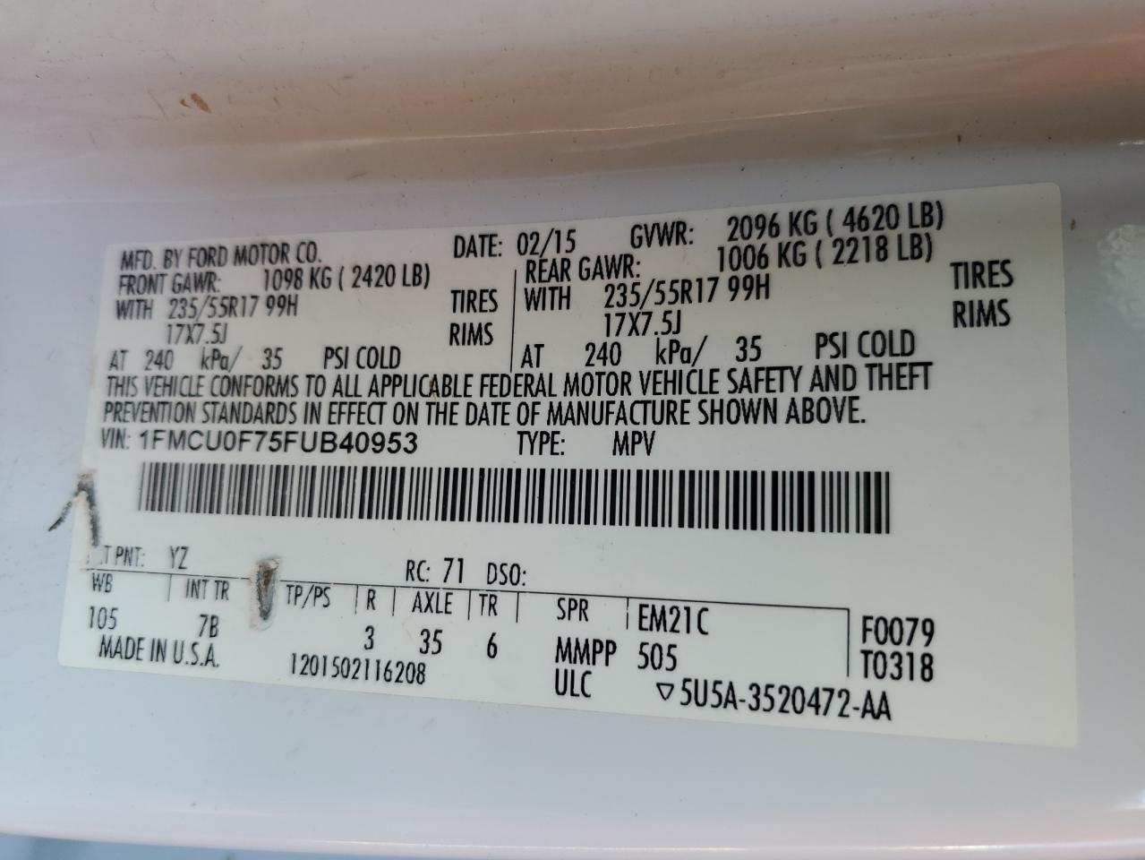 Lot #3291624244 2015 FORD ESCAPE S