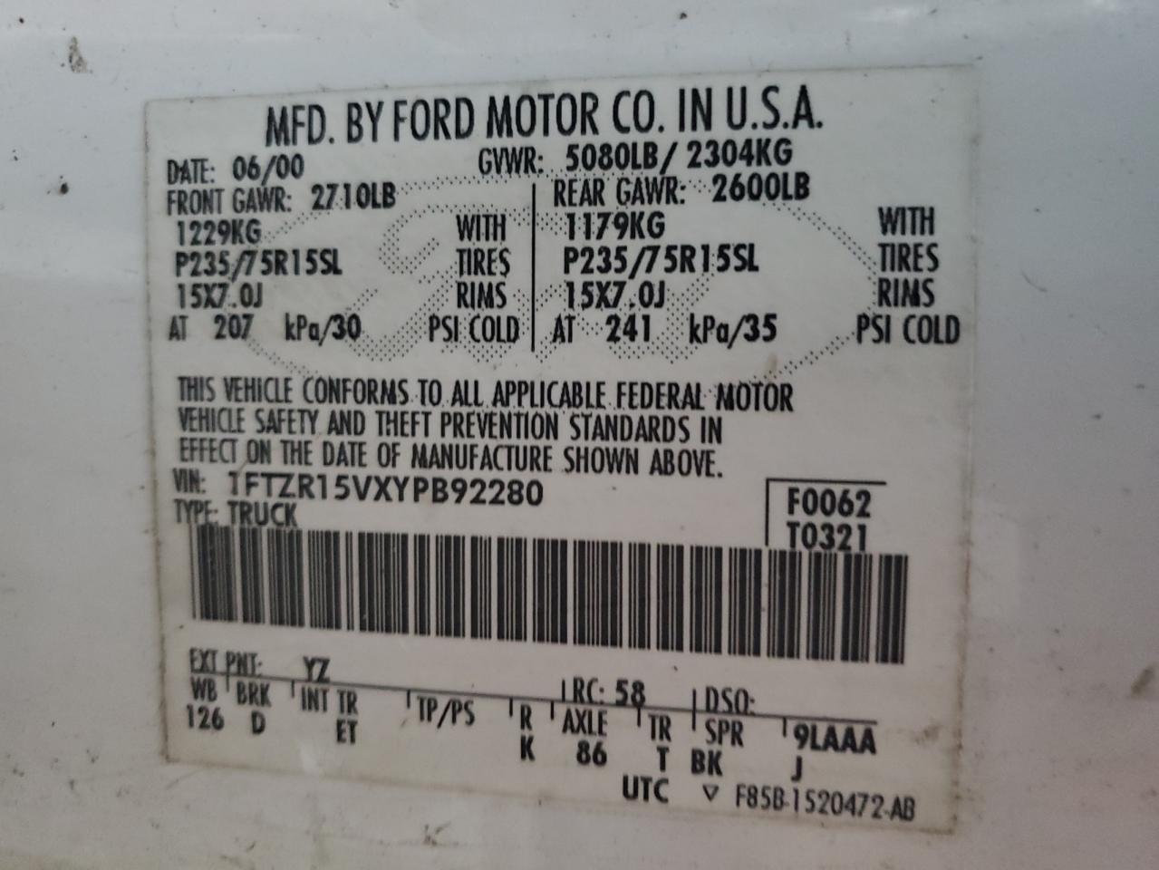 Lot #3290021266 2000 FORD RANGER SUP