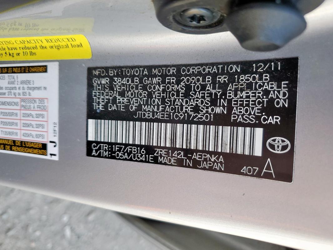 2012 TOYOTA COROLLA BA - JTDBU4EE1C9172501