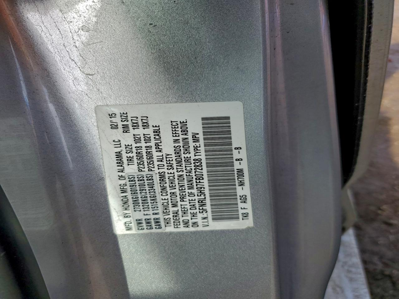 Lot #3304536438 2015 HONDA ODYSSEY TO