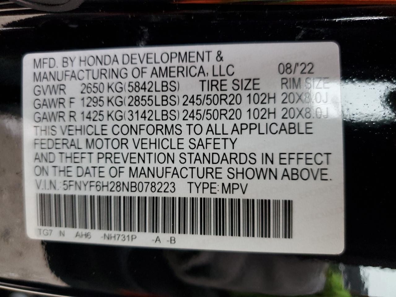 Lot #3303574949 2022 HONDA PILOT SE