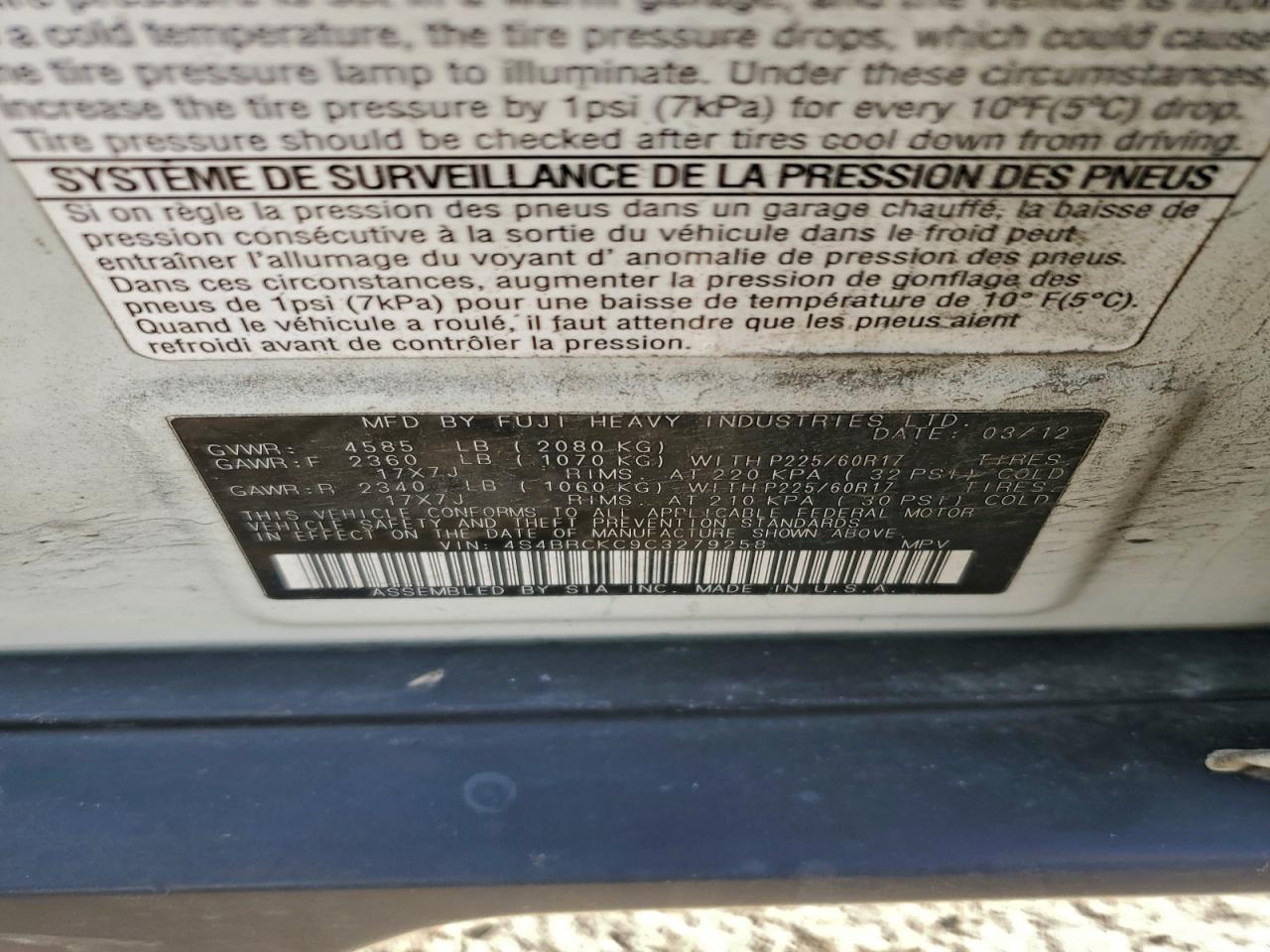 Lot #3310321952 2012 SUBARU OUTBACK 2.