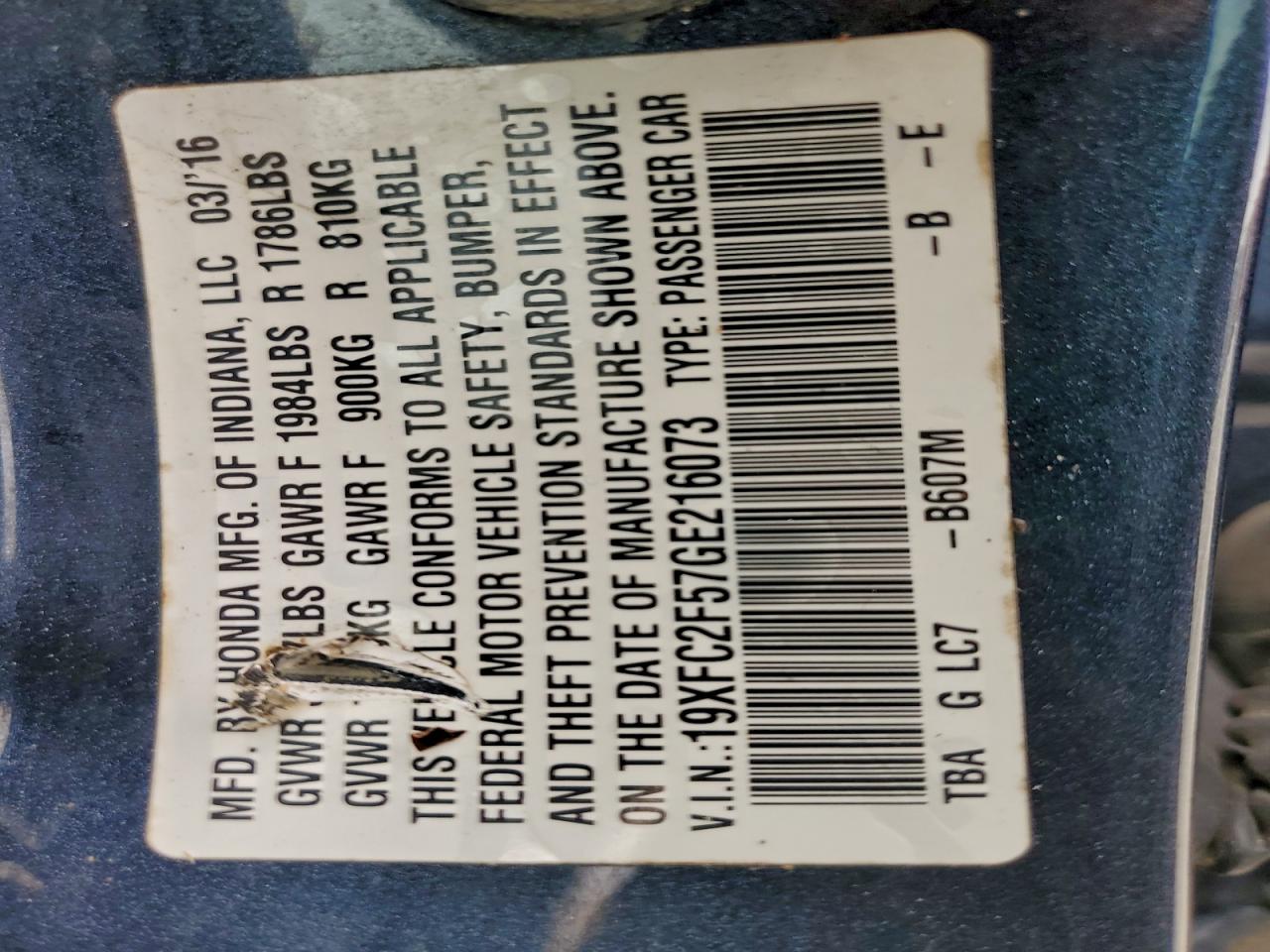 Lot #3310416966 2016 HONDA CIVIC LX