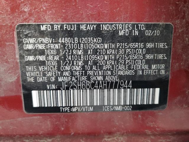 2010 SUBARU FORESTER X - JF2SH6BC4AH777944