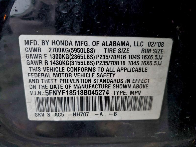 2008 HONDA PILOT EXL #3308559537