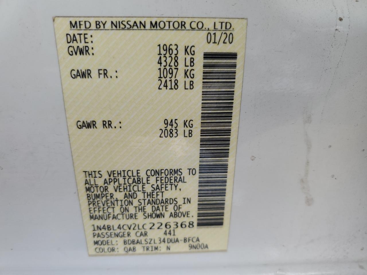 Lot #3305319321 2020 NISSAN ALTIMA SR