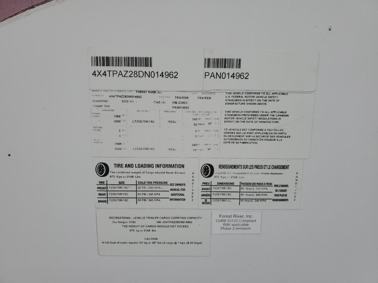 Lot #3296509656 2012 FRRV TRVLTRLR