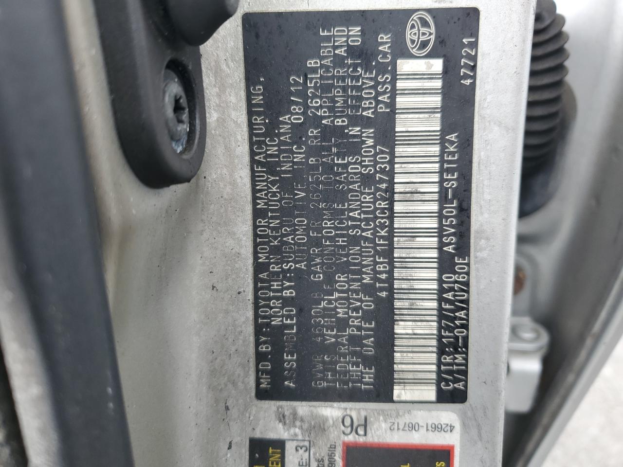 Lot #3311621260 2012 TOYOTA CAMRY BASE