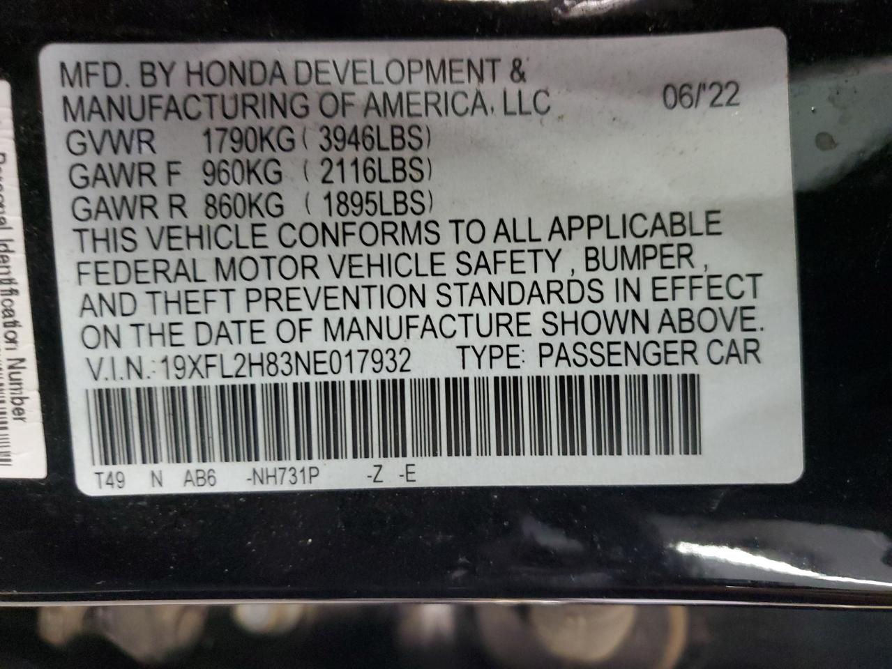 Lot #3317083986 2022 HONDA CIVIC SPOR