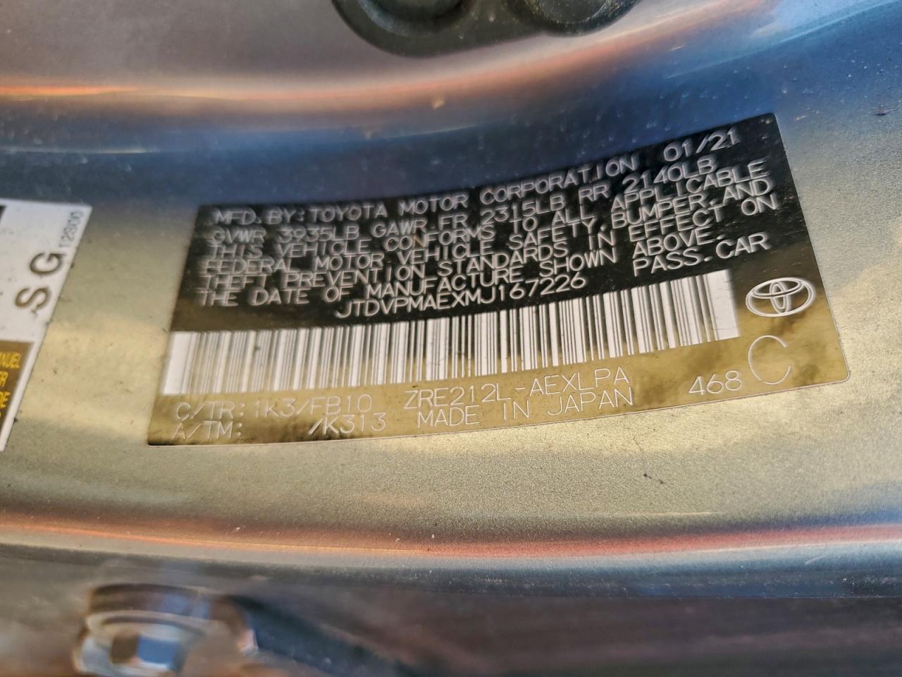 Lot #3301702649 2021 TOYOTA COROLLA LE