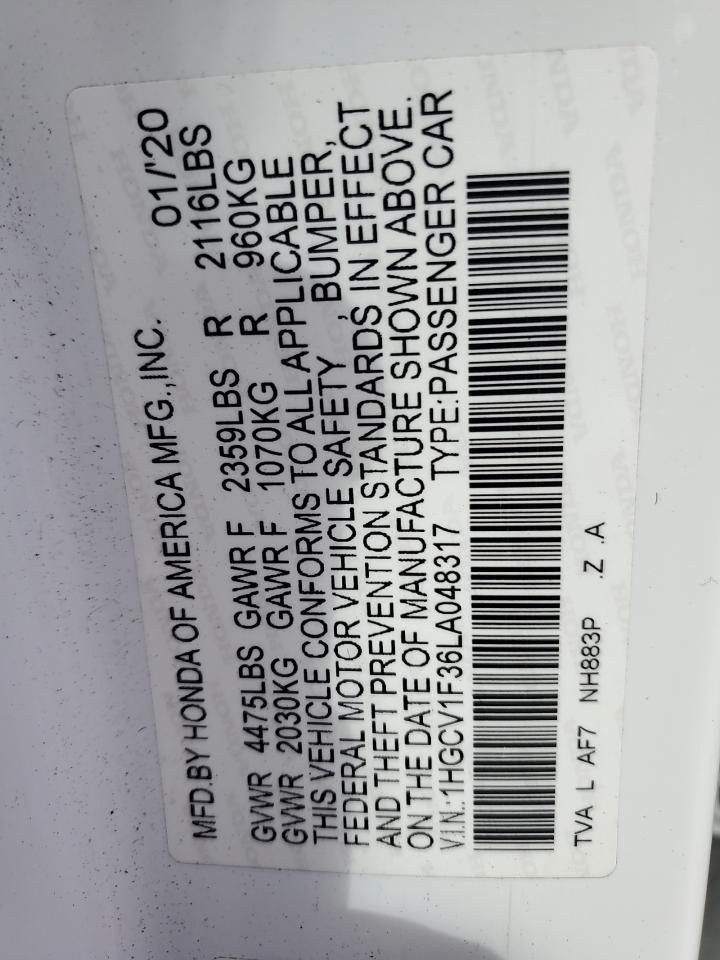 Lot #3318985915 2020 HONDA ACCORD SPO