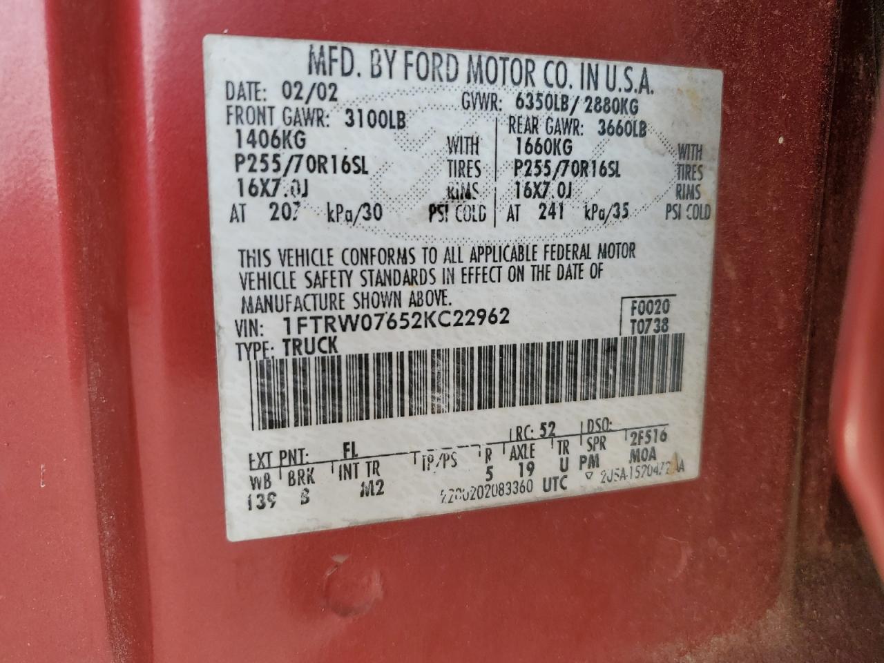 Lot #3301793346 2002 FORD F150 SUPER