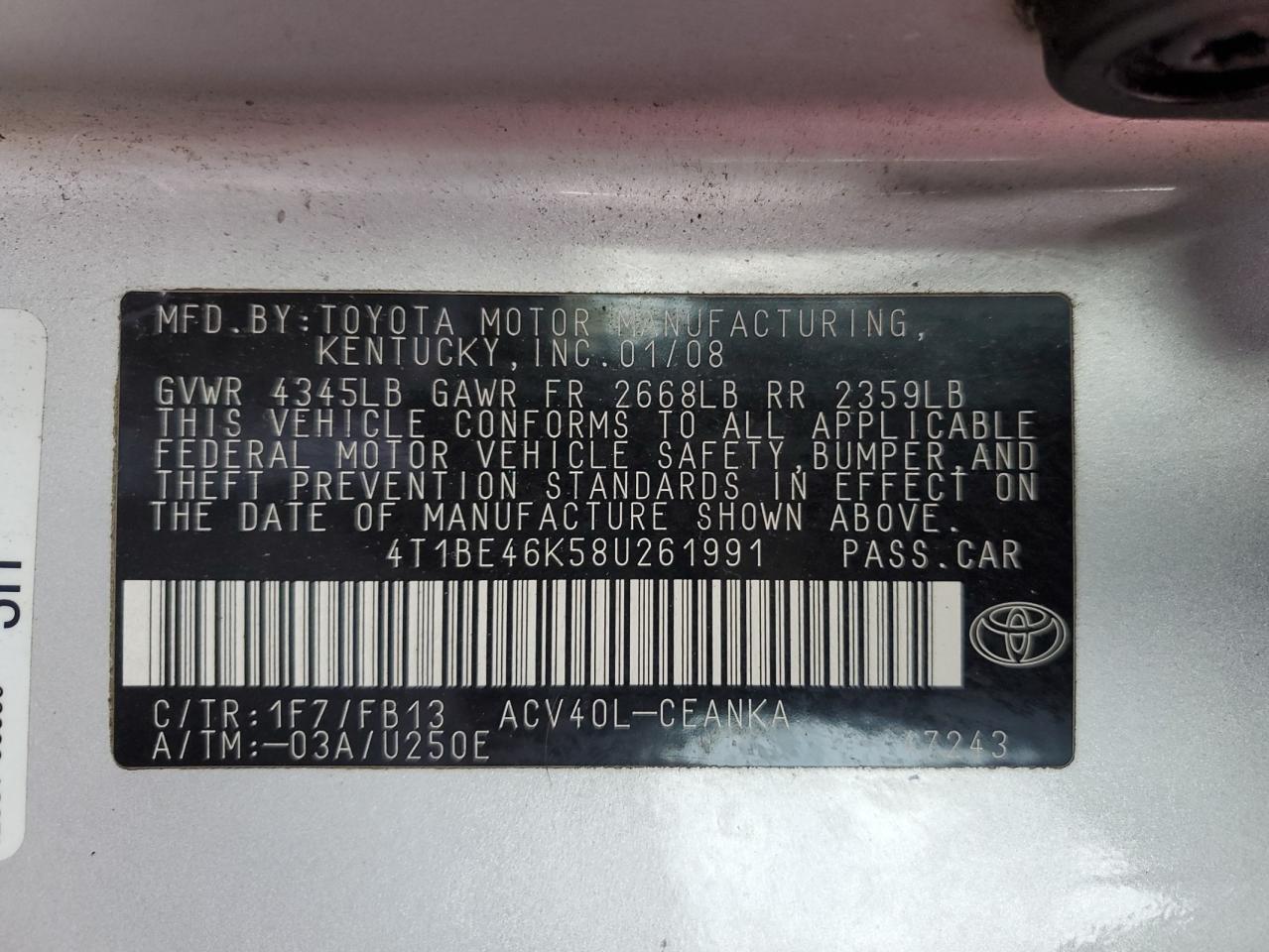 Lot #3282507892 2008 TOYOTA CAMRY CE