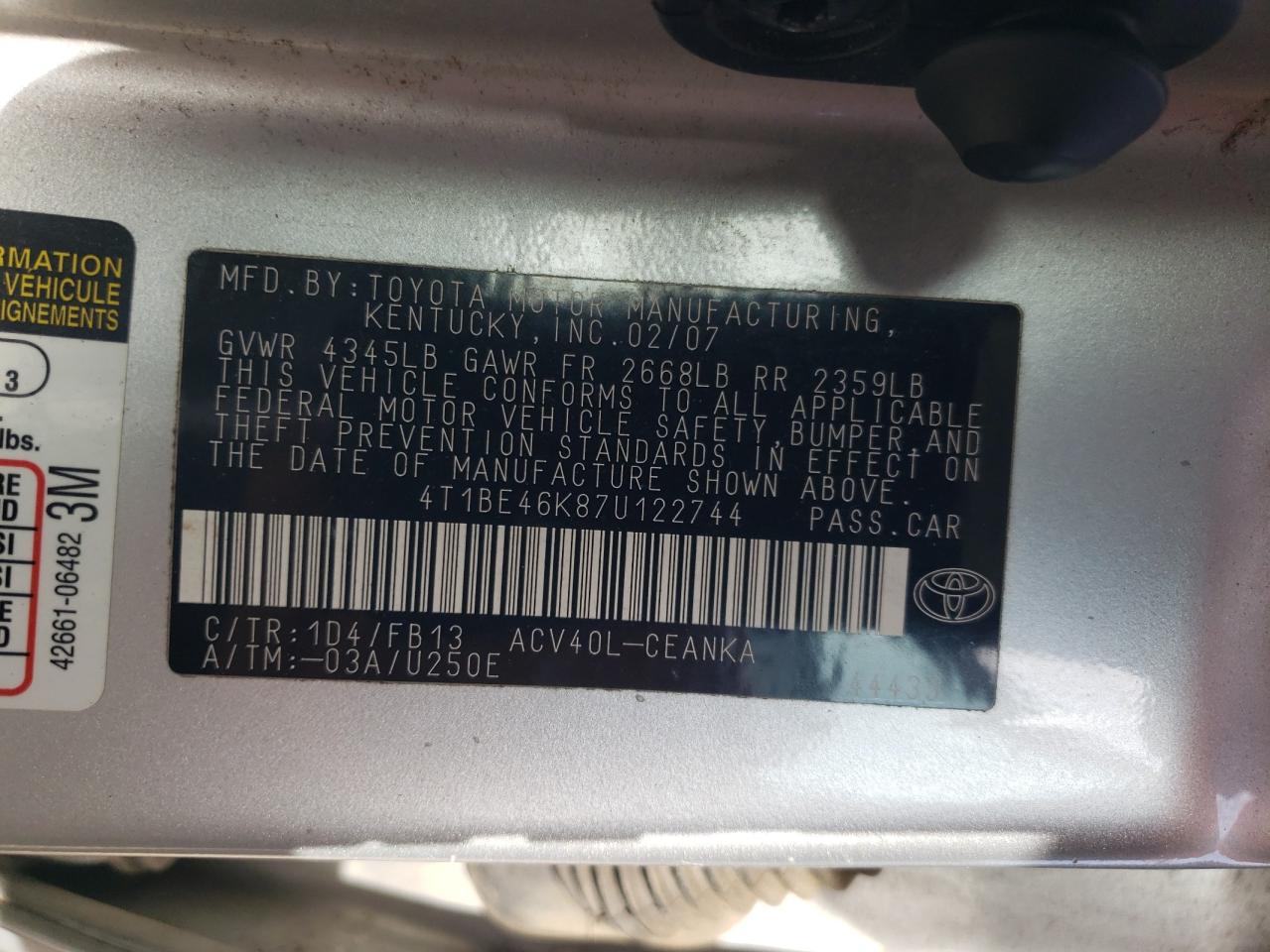 Lot #3301791382 2007 TOYOTA CAMRY CE