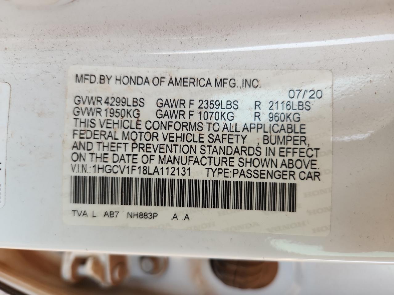 Lot #3317732065 2020 HONDA ACCORD LX