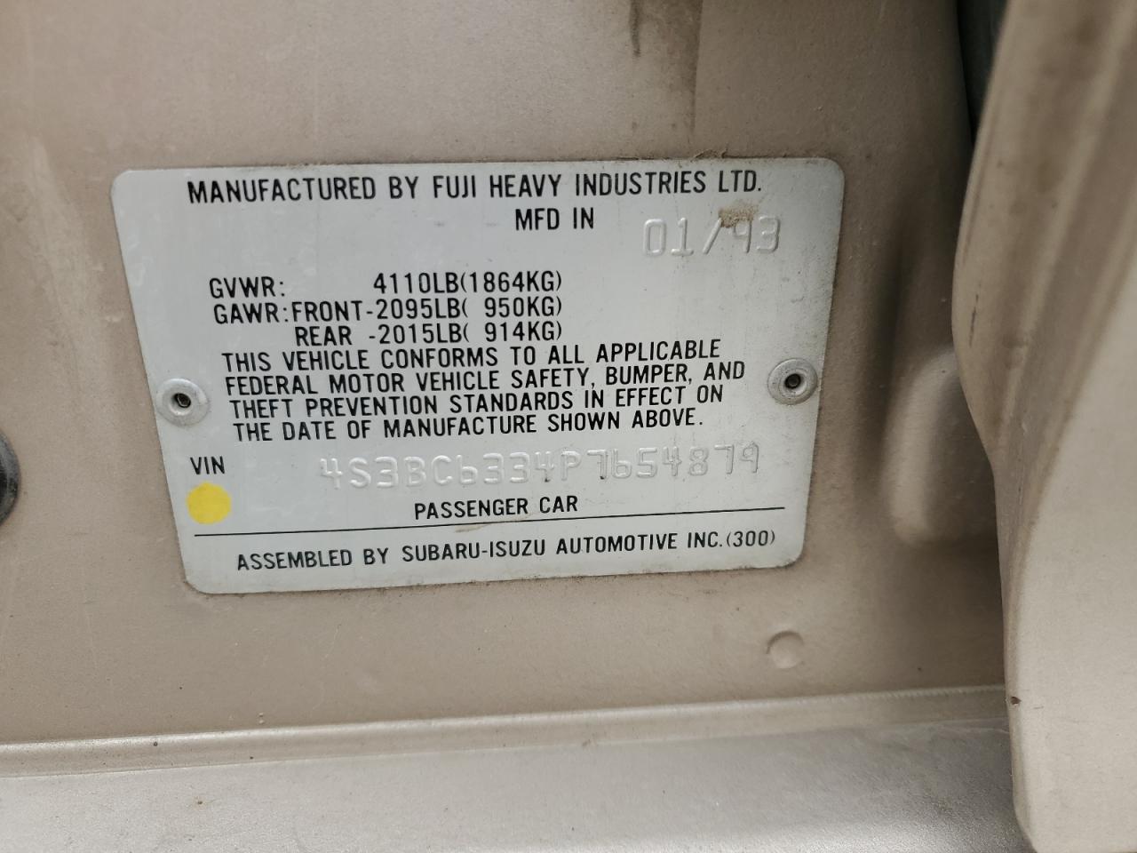 Lot #3294687044 1993 SUBARU LEGACY L