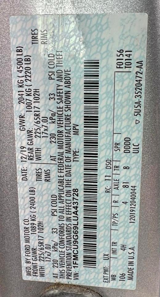 Lot #3299316826 2020 FORD ESCAPE SE