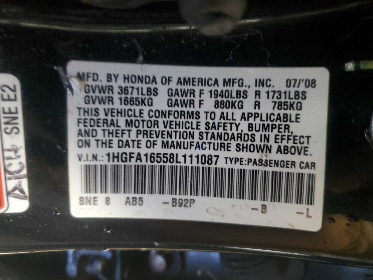 Lot #3292311280 2008 HONDA CIVIC LX