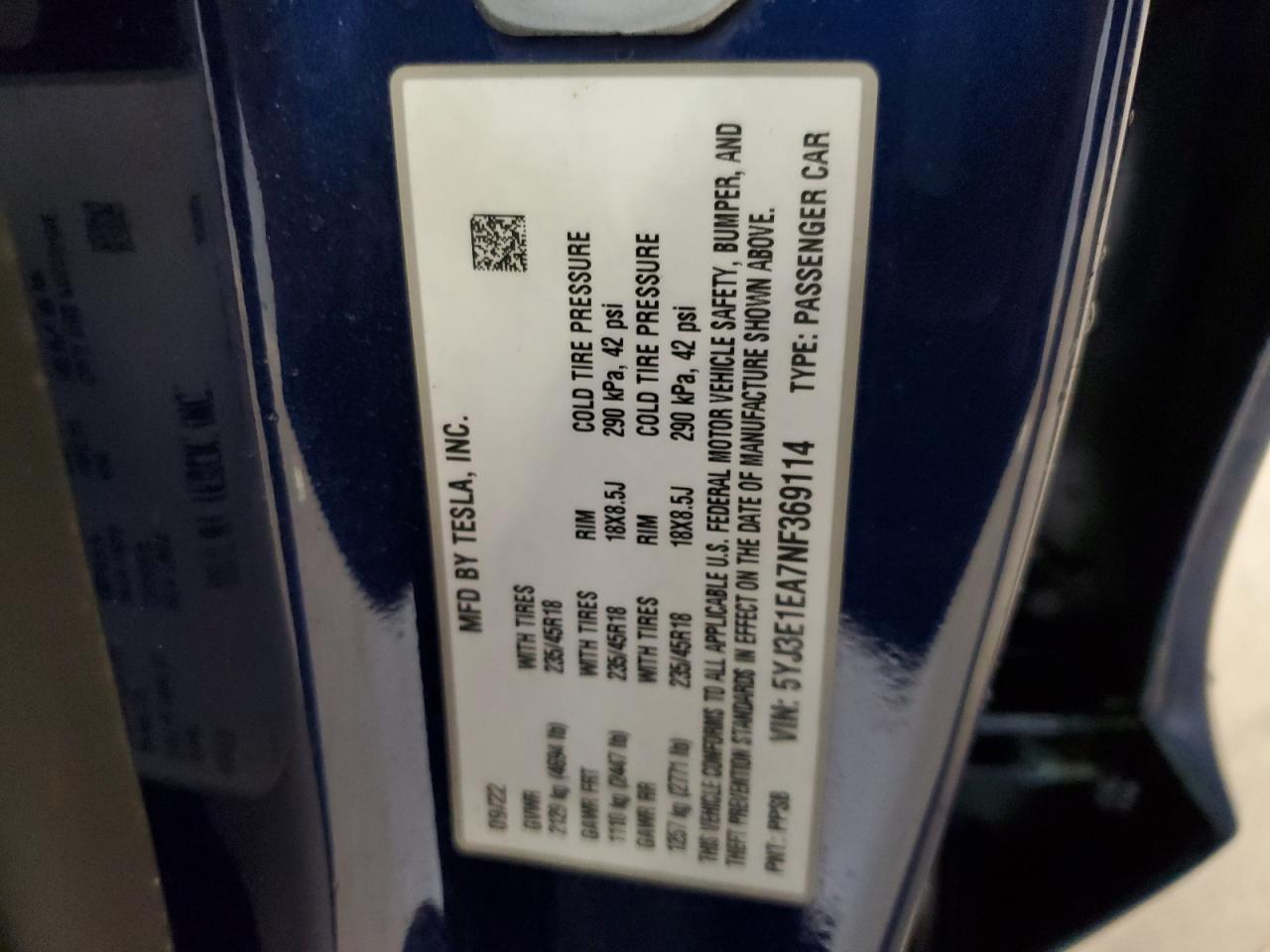 Lot #3304630948 2022 TESLA MODEL 3