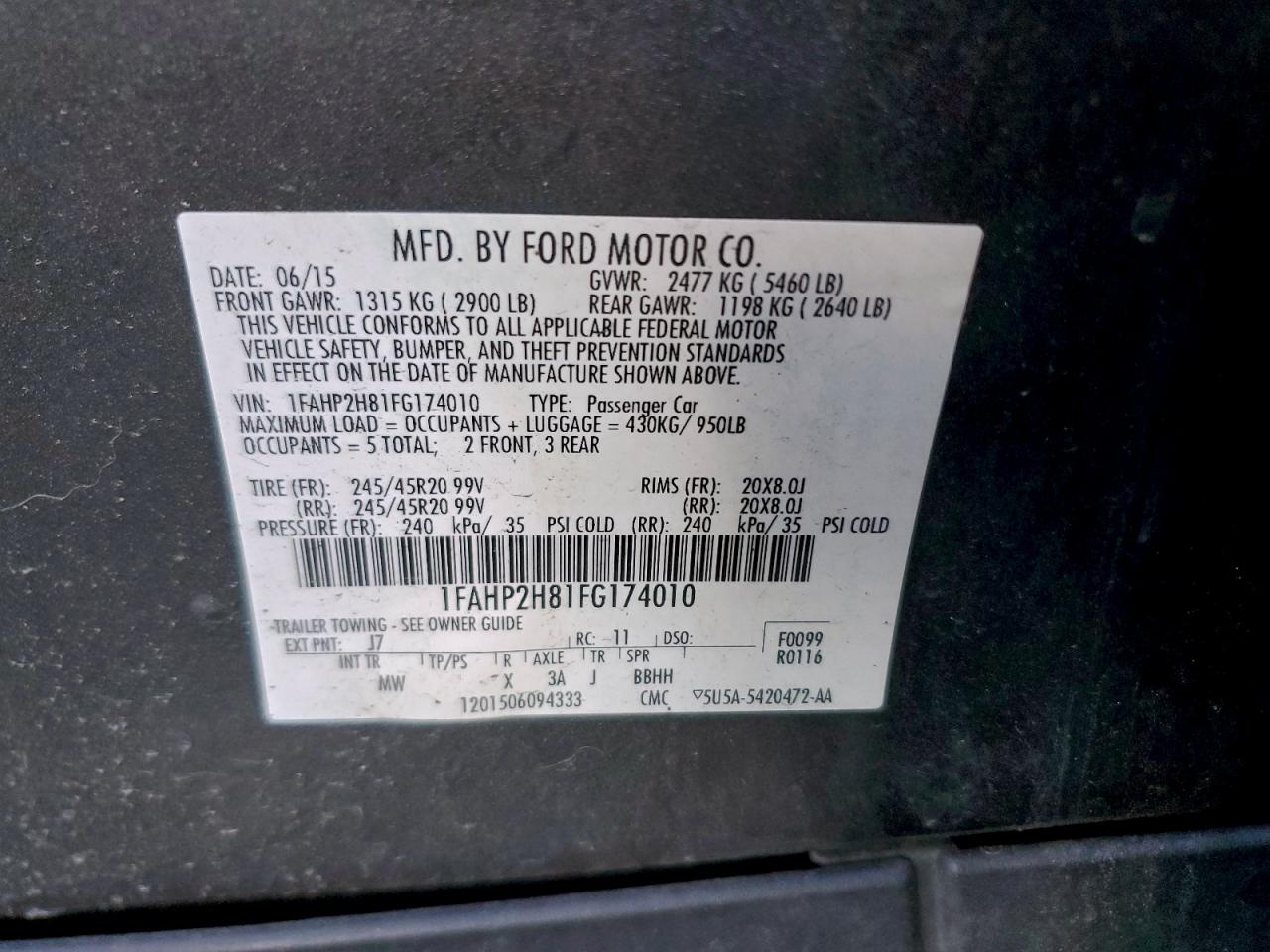 Lot #3310480054 2015 FORD TAURUS SEL