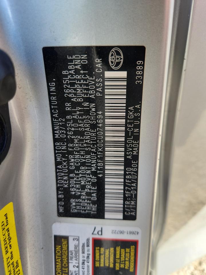 Lot #3304566467 2012 TOYOTA CAMRY BASE