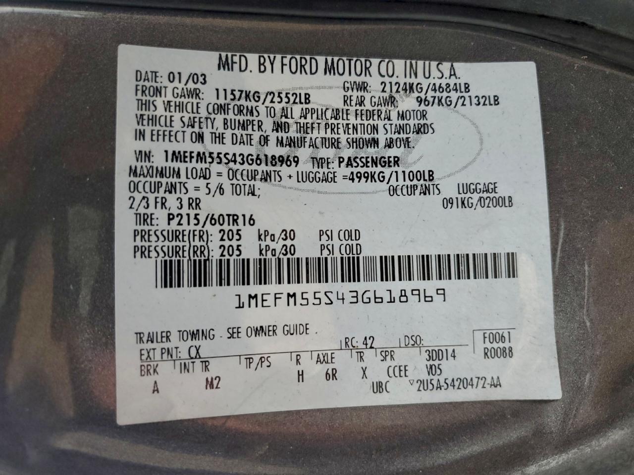 Lot #3302803972 2003 MERCURY SABLE LS P