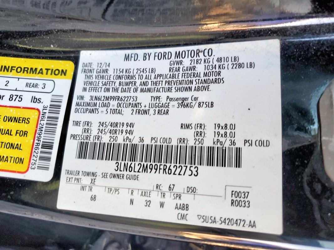 2015 LINCOLN MKZ BLACK 3LN6L2M99FR622753