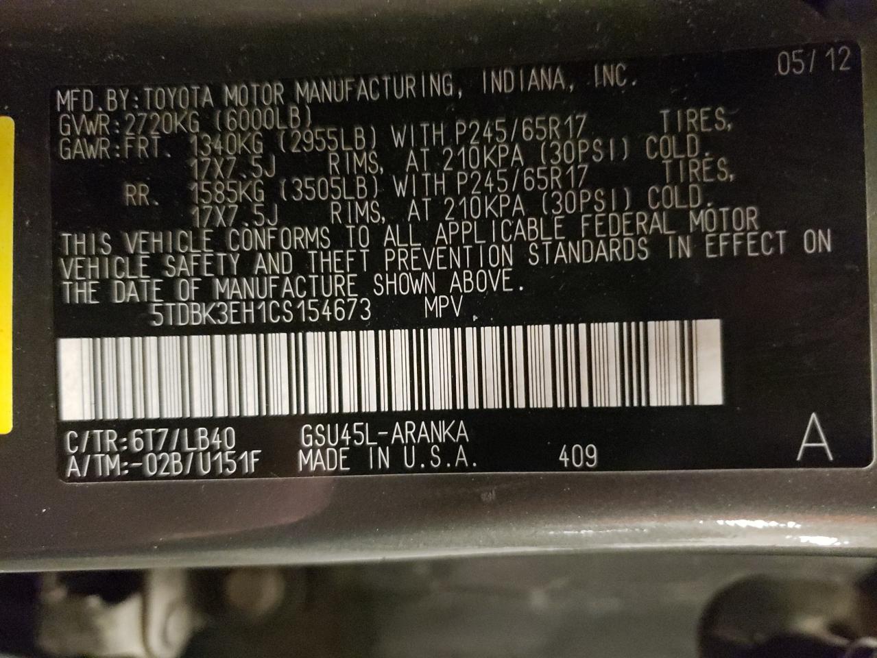 Lot #3311643230 2012 TOYOTA HIGHLANDER