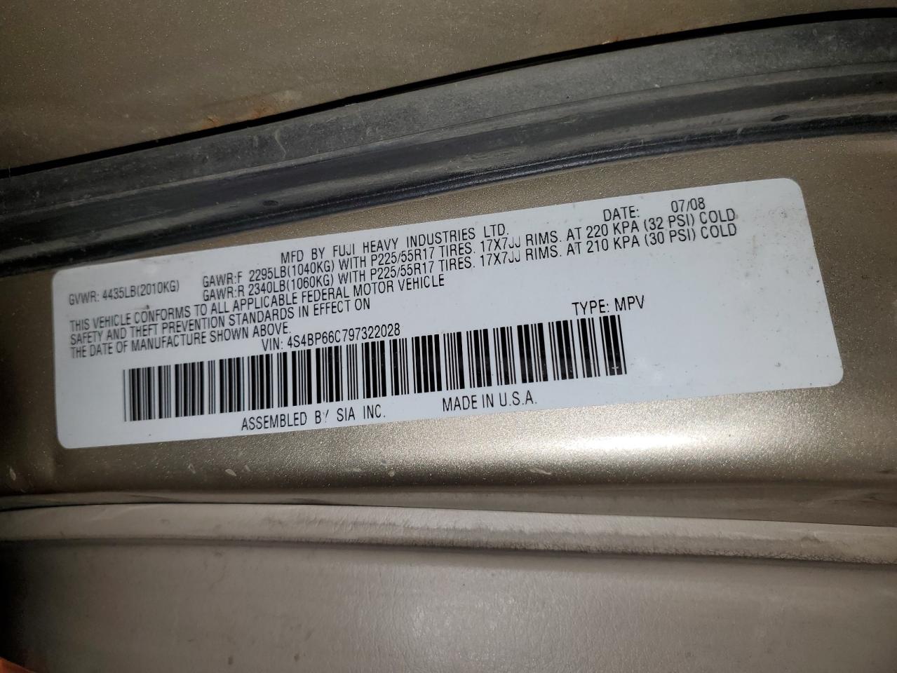 Lot #3293839590 2009 SUBARU OUTBACK 2.