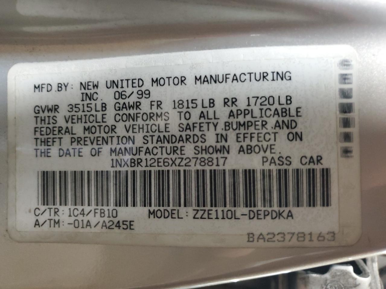 Lot #3287777125 1999 TOYOTA COROLLA VE