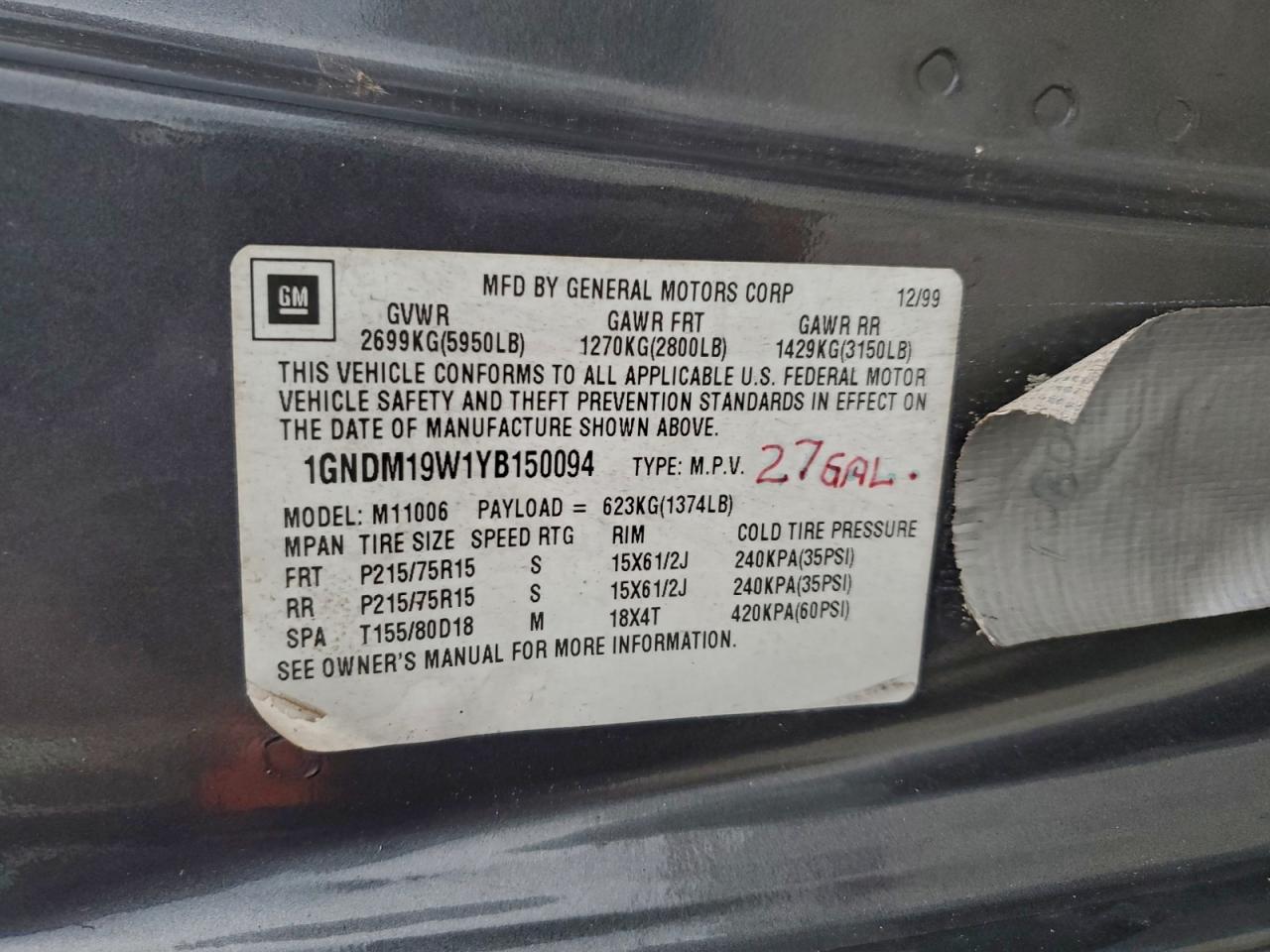 Lot #3297115502 2000 CHEVROLET ASTRO