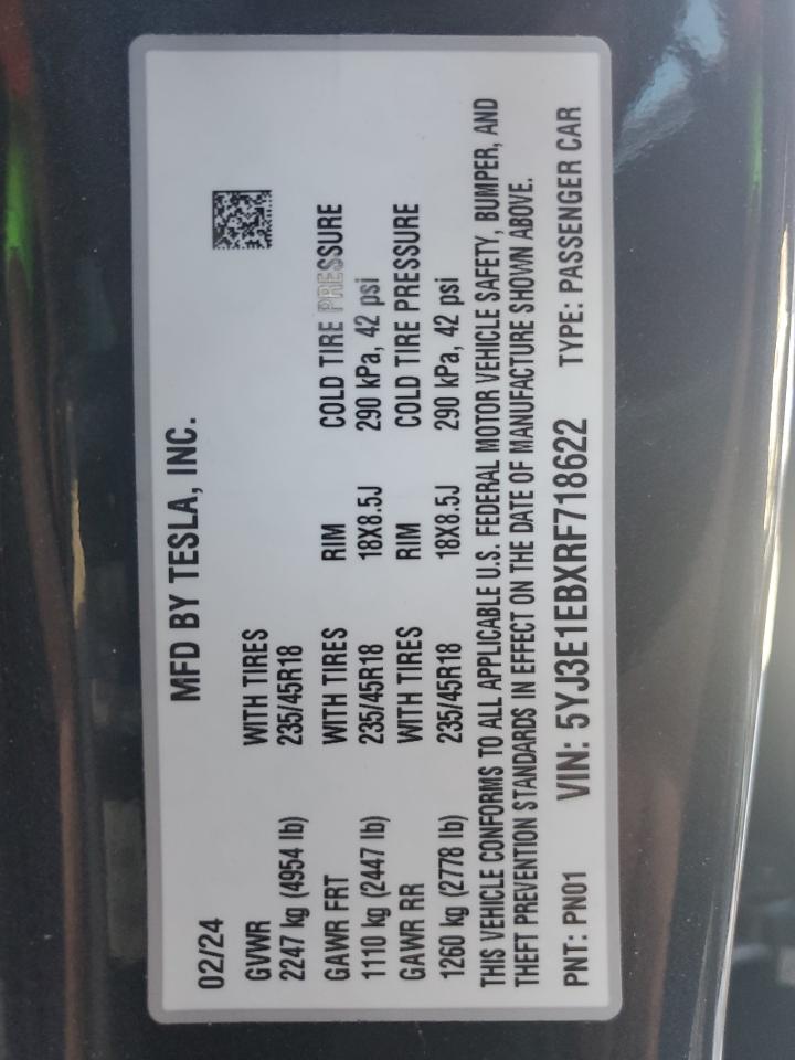 Lot #3302799920 2024 TESLA MODEL 3