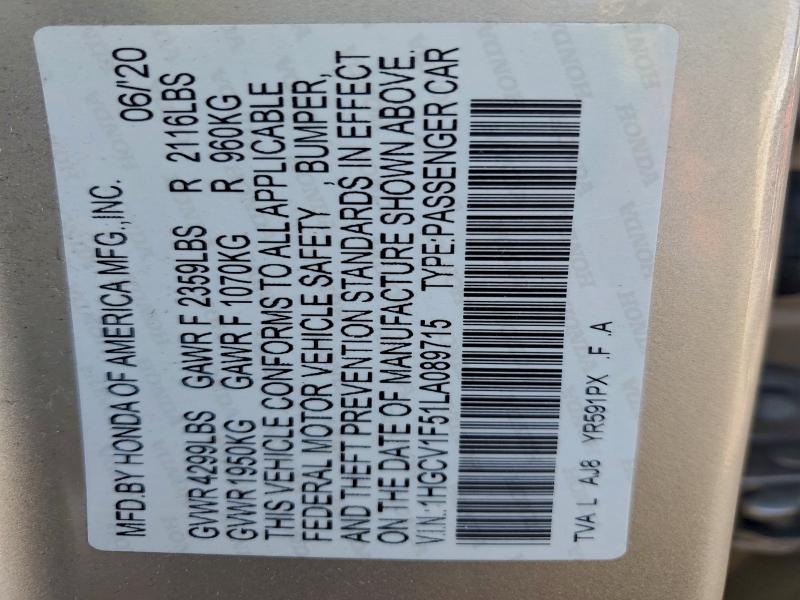 2020 HONDA ACCORD EXL #3303904701