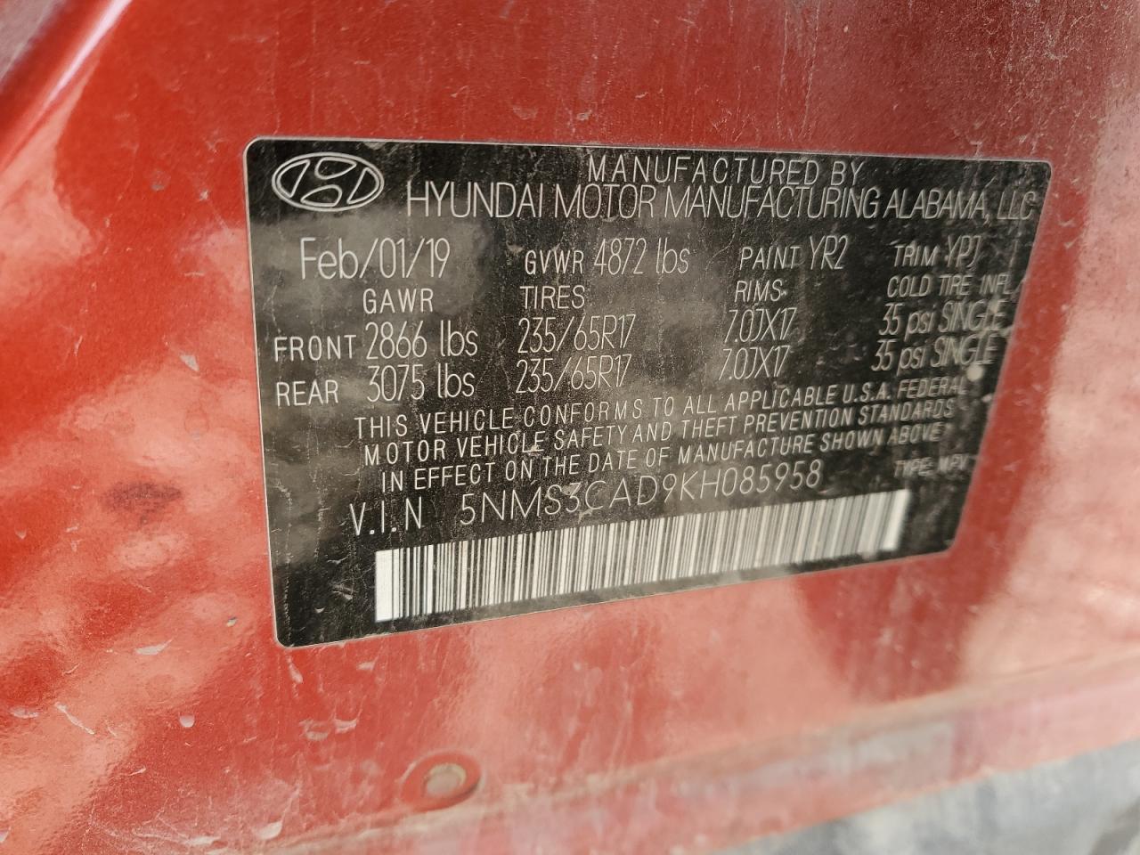 Lot #3301844379 2019 HYUNDAI SANTA FE S