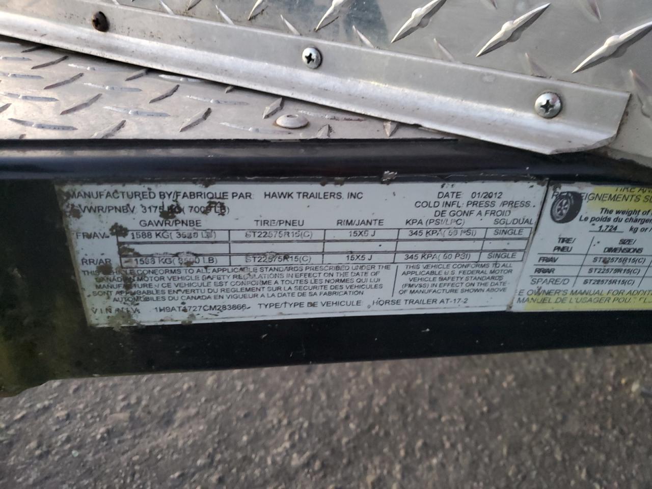 Lot #3290219244 2012 HAWK UNKNOWN