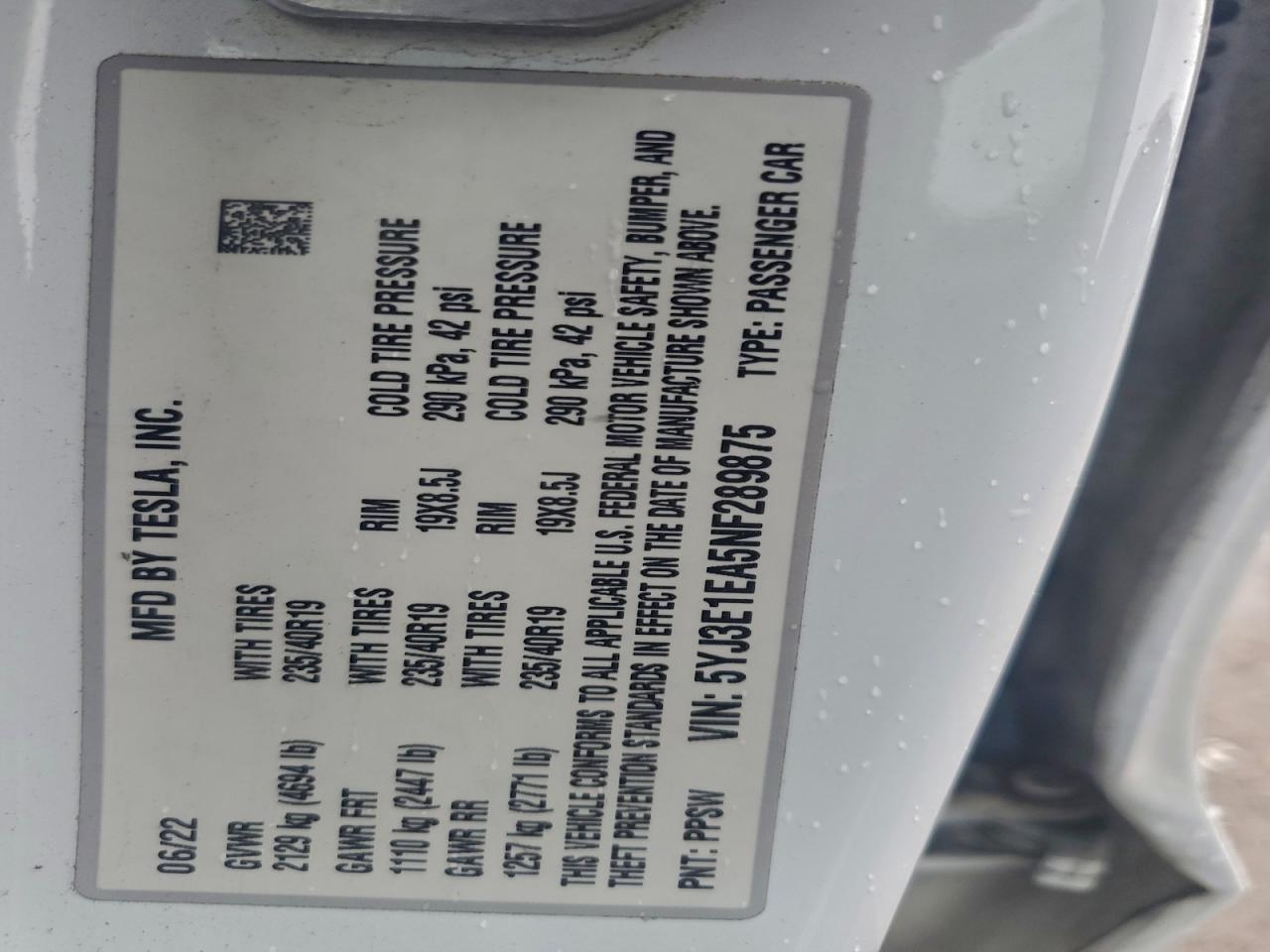 Lot #3304602446 2022 TESLA MODEL 3