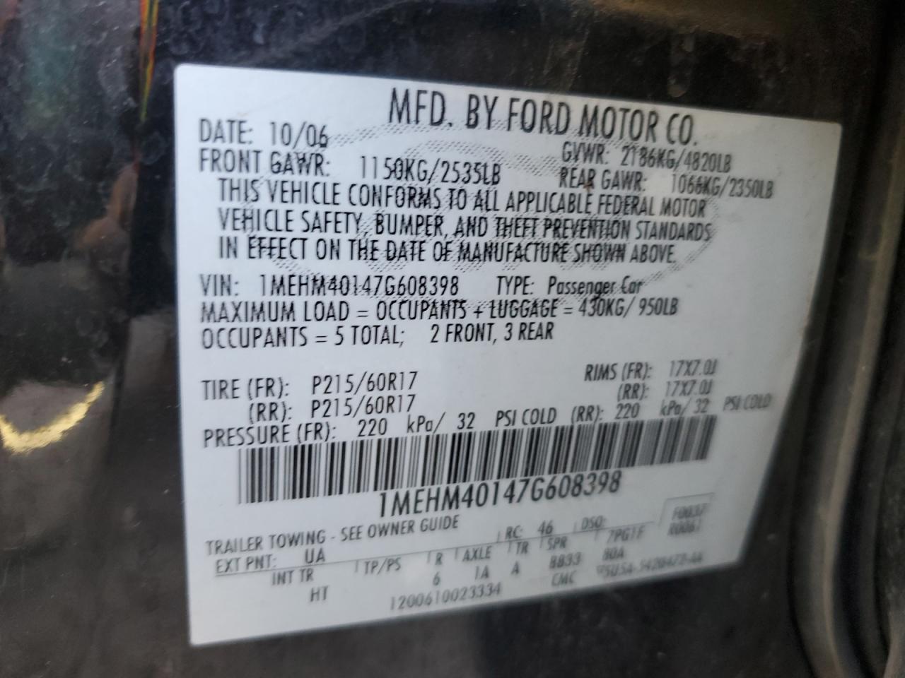 Lot #3298314146 2007 MERCURY MONTEGO LU