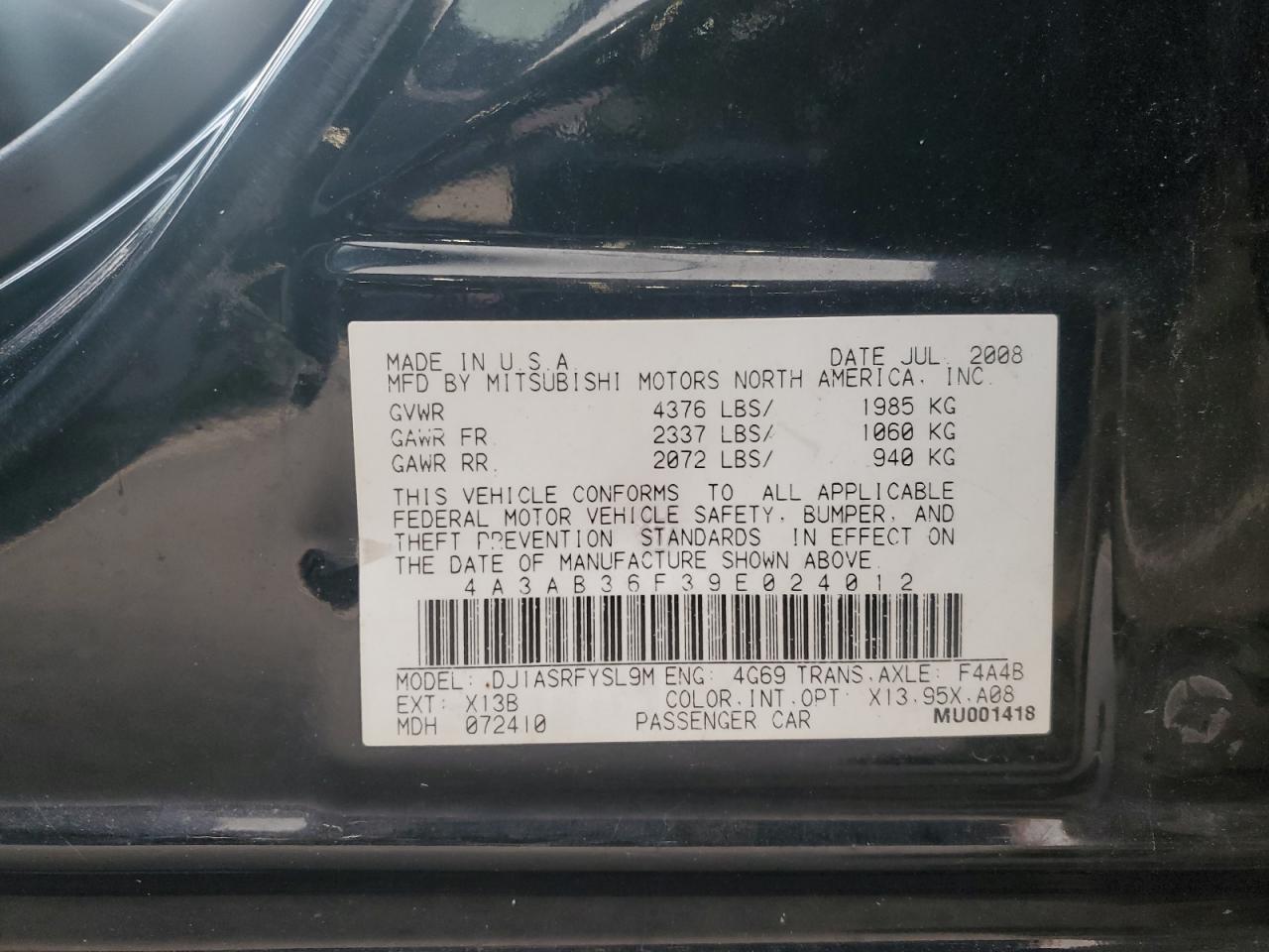 Lot #3286619907 2009 MITSUBISHI GALANT ES