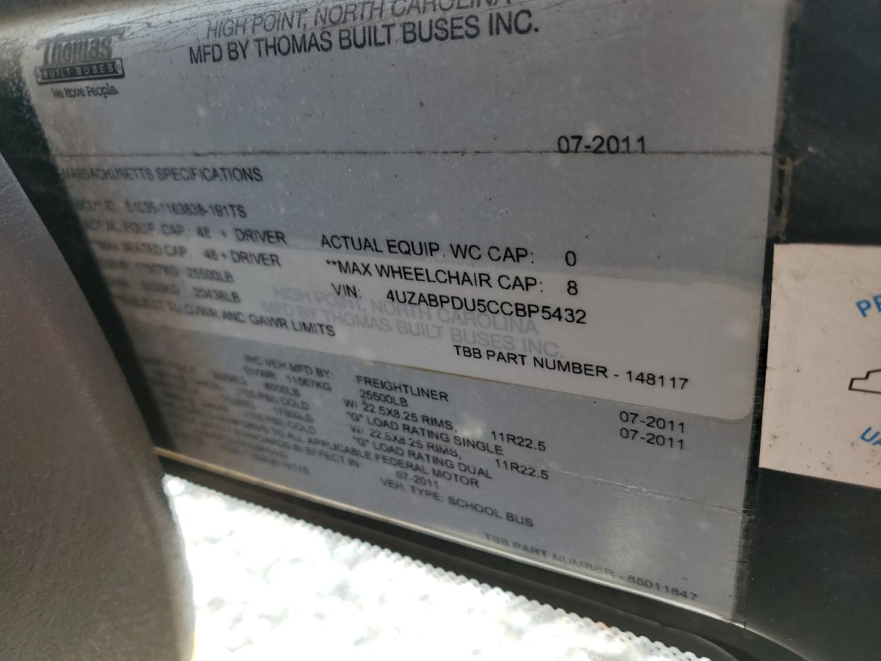 Lot #3291242019 2012 THOMAS SCHOOL BUS