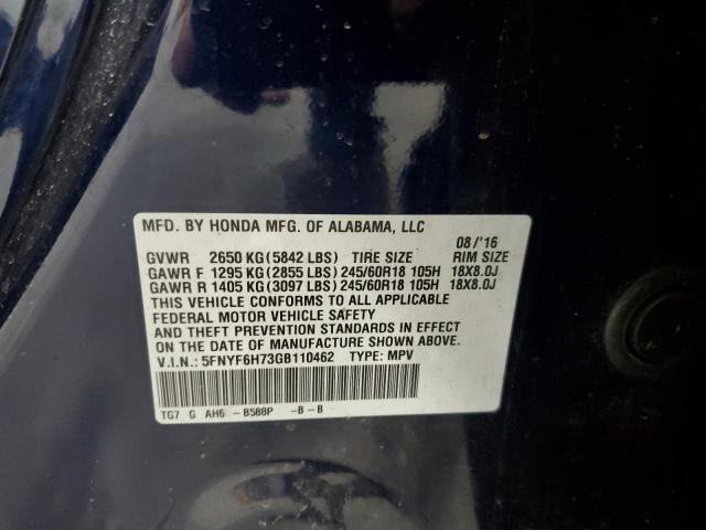 2016 HONDA PILOT EXLN 5FNYF6H73GB110462