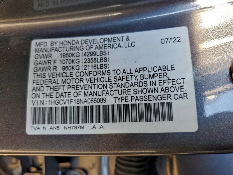 2022 HONDA ACCORD LX #3302796905