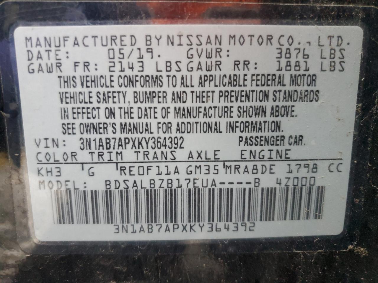 Lot #3315859158 2019 NISSAN SENTRA 1.8